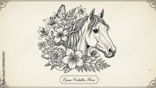 Elegant horse head illustration surrounded by lush floral elements and a delicate butterfly vintage sketch style for equestrian branding and nature-themed designs