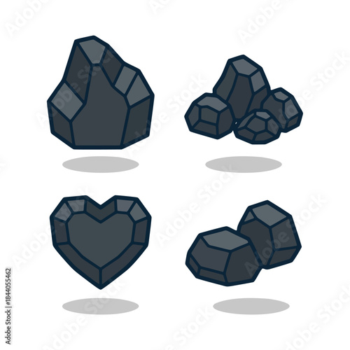 Isometric black coal rocks and dark mineral stones vector for mining.