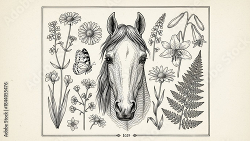 Vintage botanical illustration collection featuring a horse head wildflowers and a butterfly perfect for rustic decor and natural science designs