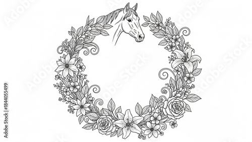 Elegant horse head in a circular floral wreath line art illustration for equestrian design perfect for invitations and branding