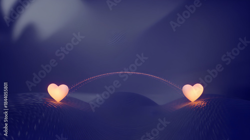 Two glowing hearts connected by spark bridge over purple waves at night