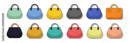 Colorful variety of stylish handbags arranged in neat rows on light background, vector illustration showcasing fashion accessories, modern design, trendy purses, retail display, shopping concept