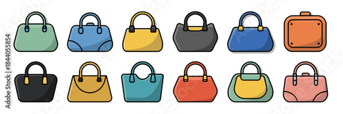 Colorful variety of stylish handbags arranged in neat rows on light background, vector illustration showcasing fashion accessories, modern design, trendy purses, retail display, shopping concept