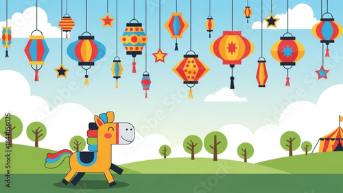 Colorful hanging lanterns and stars adorn a festive sky above a whimsical landscape with a toy horse and circus tent perfect for celebrations and events