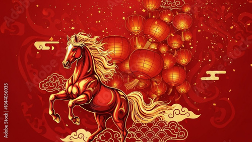 Majestic red horse with flowing mane surrounded by glowing lanterns and traditional clouds symbolizing good fortune and celebration for Chinese New Year