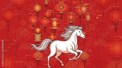 White horse illustration with traditional Chinese lanterns and cloud patterns symbolizing good fortune and prosperity for Lunar New Year celebrations