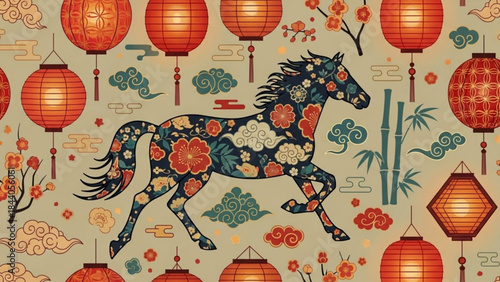 Chinese New Year horse illustration with traditional lanterns and floral patterns festive background for celebration and culture vector art