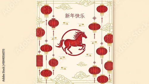 Chinese New Year greeting card with red lanterns and a horse symbol traditional festive illustration for celebration and good fortune