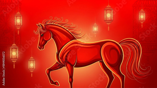 Fiery red horse illustration with glowing lanterns symbolizing power and good fortune perfect for Chinese New Year and festive celebrations