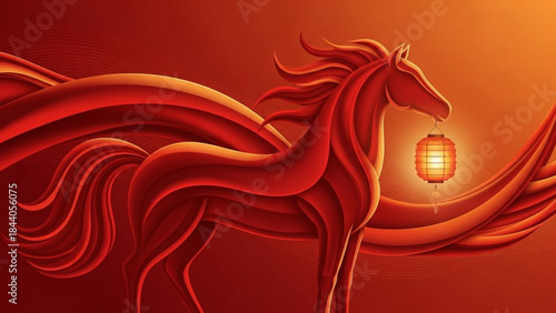 Fiery red horse illustration holding a glowing lantern symbolizing good fortune and prosperity for Chinese New Year celebrations abstract art