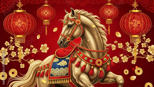 Ornate golden horse adorned with traditional Chinese decorations surrounded by red lanterns and cherry blossoms symbolizing good fortune and prosperity for Lunar New Year