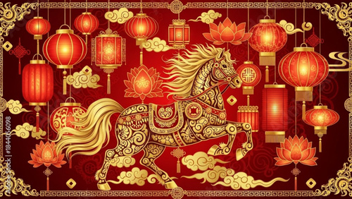 Ornate golden horse illustration surrounded by traditional Chinese lanterns and auspicious clouds symbolizing good fortune and prosperity for Lunar New Year celebrations