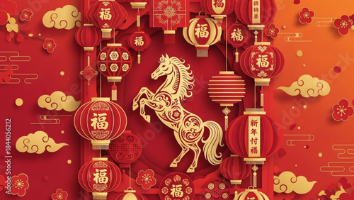 Chinese New Year horse illustration with red lanterns and floral elements traditional festive decoration for lunar new year celebration isolated on gradient background
