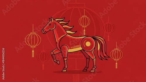 Stylized red horse illustration with Chinese lanterns symbolizing good fortune and the Chinese zodiac perfect for festive celebrations and cultural designs