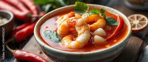 Panel kuchenny z motywem Spicy shrimp soup, iconic Thai flavor, red chili broth,  restaurant,  vector
