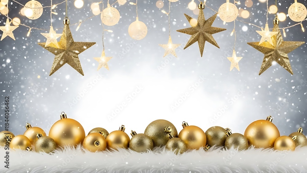 Fototapeta premium Golden Christmas ornaments and glowing lights on a snowy festive background