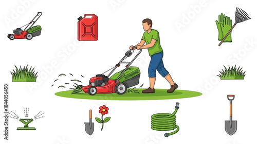 Man mowing lawn with gardening tools collection