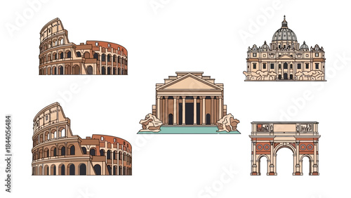 Roman landmarks including Colosseum and Pantheon illustrations
