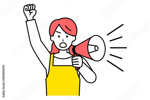拡声器で抗議するエプロン姿の女性