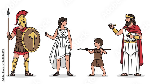 Ancient Greek family in traditional attire and armor