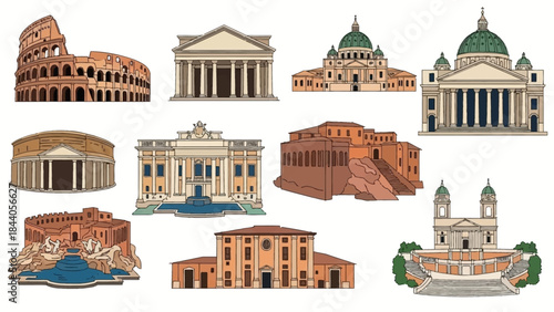 Collection of famous Italian landmarks and architecture illustrations