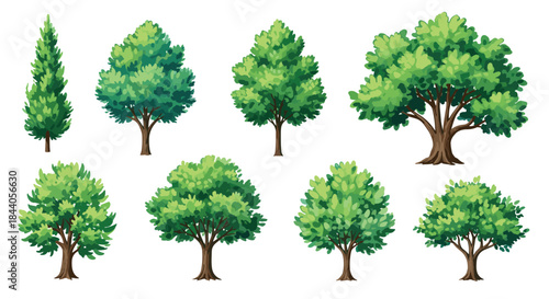 A collection of various green trees in different shapes and sizes, illustrated in a vibrant cartoon style suitable for nature and environment designs.