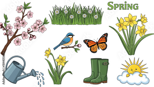 Vibrant spring elements collection with flowers and gardening tools