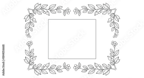 Hand-drawn black and white botanical frame featuring delicate leaves and berries, enclosing a blank rectangle, perfect for decorative text or invitations.
