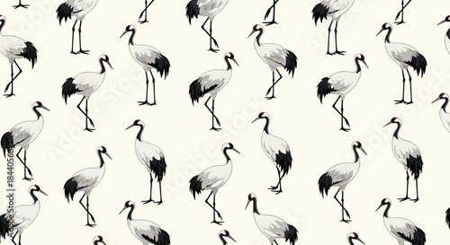 Elegant red-crowned cranes in black and white create a beautiful seamless pattern on a light background, inspired by traditional Asian art.