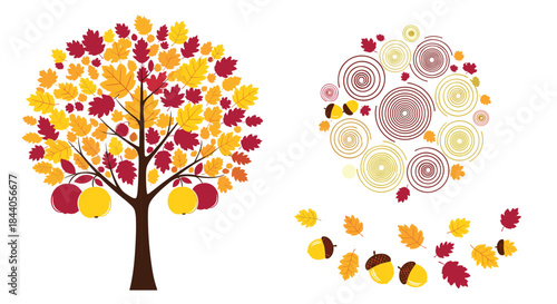 A decorative autumn illustration featuring a stylized tree with colorful fall leaves and apples, complemented by artistic spirals and scattered acorns.