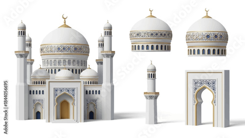 Islamic mosque architecture elements with white domes and minarets