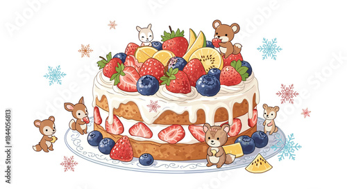 Cute woodland creatures celebrate around a festive multi-layered fruit cake topped with berries and tropical slices, surrounded by snowflakes.