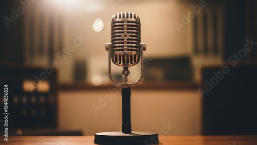 Minimal clean american microphone modern studio audio recording equipment high quality broadcast device isolated for podcast streaming content creation and digital media projects