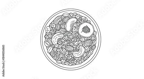 Minimalist line art illustration showing a top-down view of a healthy breakfast bowl filled with mixed nuts, various seeds, and a dried fruit slice.