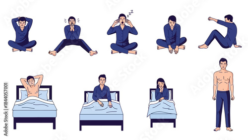 Morning routine illustrations showing people waking up and getting dressed