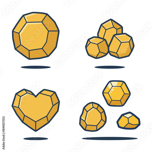Isometric gold coins and gems vector set for mining treasure result.