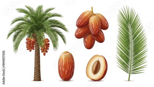 Date palm tree with fresh dates and leaves