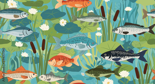Seamless pattern of various colorful fish swimming in a freshwater pond among water lilies and reeds.