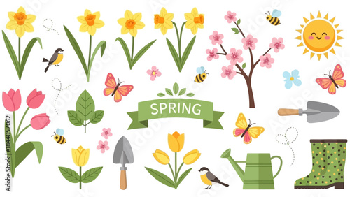 Vibrant spring garden elements collection with flowers and gardening tools