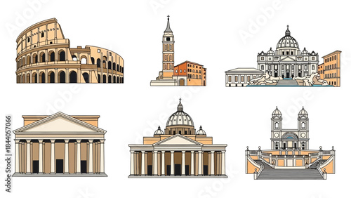 Historic Roman landmarks illustrations set