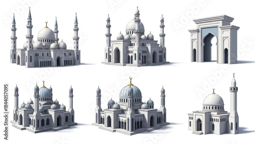 Set of 3D Islamic architecture elements including mosques and arches