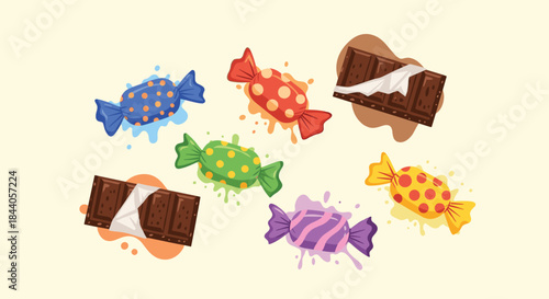 A vibrant assortment of sweet treats including colorful wrapped candies and delicious chocolate bars with melting splatters.