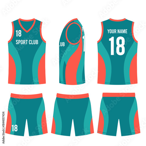 Sports uniform design template with jersey and shorts from multiple views, featuring teal, red, and light blue colors with number 18.