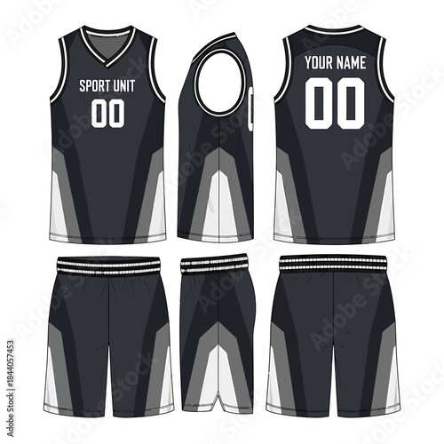 Black and grey basketball uniform design template showing front, side, and back views of jersey and shorts with customizable name and number.