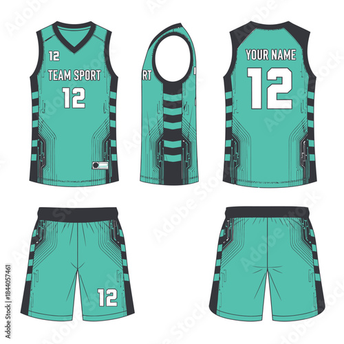 Teal and dark grey basketball uniform set with jersey and shorts, showing front, side, and back views with number 12.