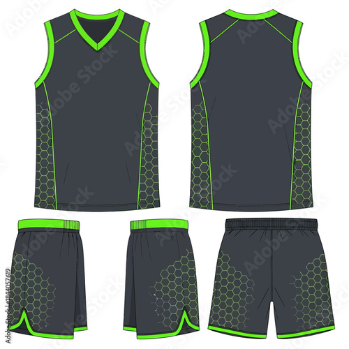 Dark grey and neon green basketball uniform set with hexagonal pattern, front and back views of jersey and shorts.