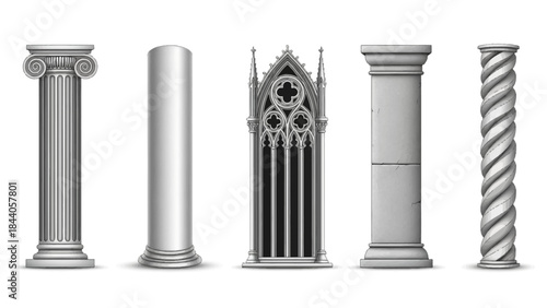 Set of five elegant architectural columns in various styles