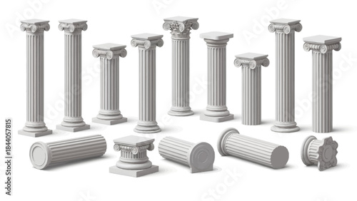 Set of classic Greek columns and architectural elements in white
