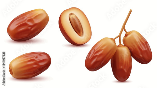 Fresh dates with stem and halved date on white background