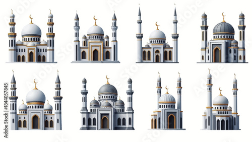 Eight different mosque illustrations with domes and minarets